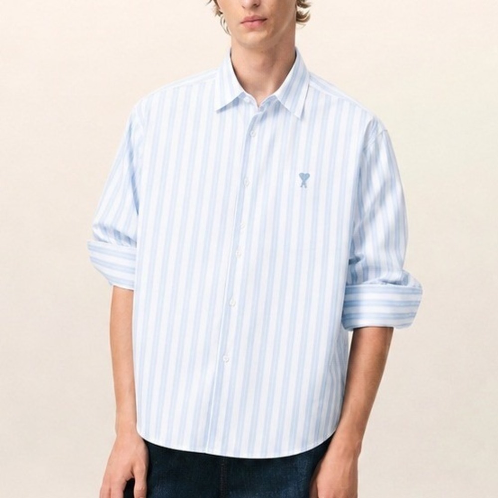 AMI Paris Tonal Striped Ami de Coeur Shirt Men M Cotton Poplin Blue Heart Logo